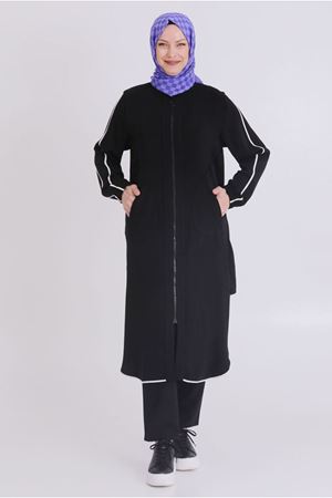 25Y25115 - SİYAH - Büyük Beden Tesettür Fermuarlı Biyeli Kap