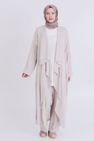 25Y70015 - BEJ - Büyük Beden Tesettür Keten Pantolonlu Üçlü Takım