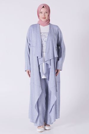 25Y70015 - İNDİGO - Büyük Beden Tesettür Keten Pantolonlu Üçlü Takım