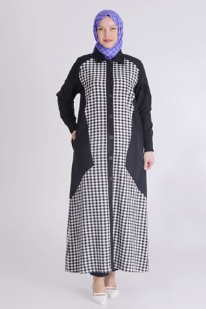 25Y28073 - SİYAH - Büyük Beden Tesettür Kareli Ferace