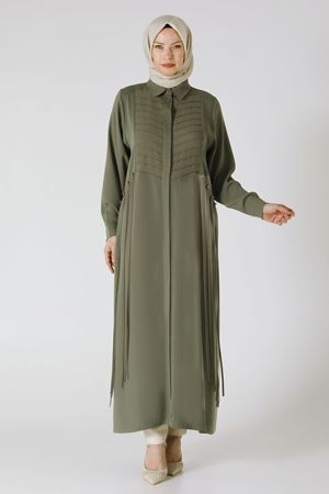 25Y28067 - HAKİ - Büyük Beden Tesettür Dokuma Ferace  