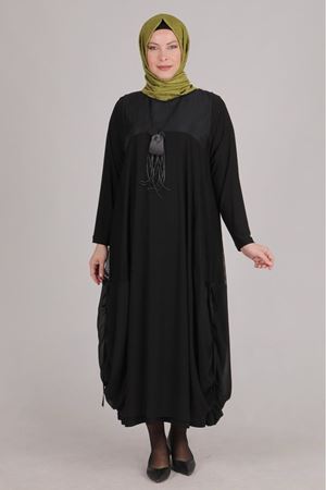25Y40009 - SİYAH - Büyük Beden Tesettür Şifon Detaylı Sandy İkili Takım
