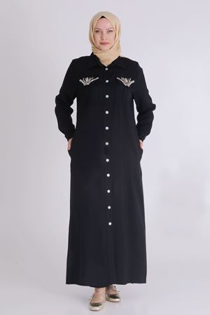 25Y28071 - SİYAH - Büyük Beden Tesettür Düğmeli Tensel Aerobin Ferace