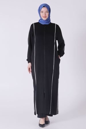 25Y28069 - SİYAH - Büyük Beden Tesettür Fermuarlı Biyeli Ferace