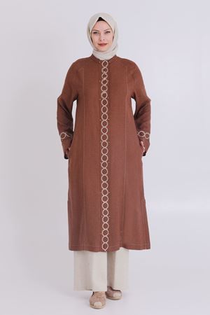 25Y35120 - KAHVE/BEJ - Büyük Beden Tesettür Keten Pantolonlu Takım