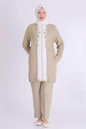 25Y35119 - CAMEL/EKRU - Büyük Beden Tesettür Keten Pantolonlu Takım