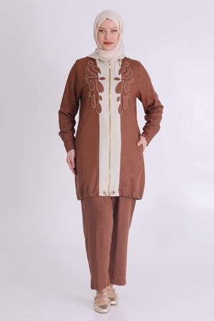 25Y35119 - KAHVE/BEJ - Büyük Beden Tesettür Keten Pantolonlu Takım