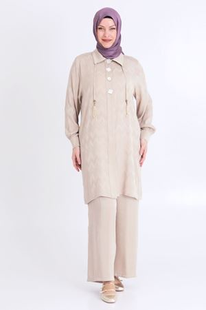 25Y35117 - BEJ - Büyük Beden Tesettür Lyocell Pantolonlu Takım