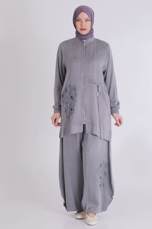 25Y35123 - GRİ - Büyük Beden Tesettür Şalvarlı Lyocel Pantolonlu Takım