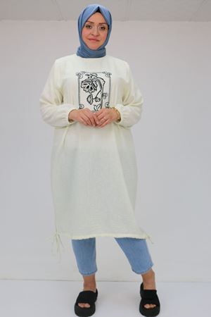 F-58009 Büyük Beden Önü Nakış Ve Boncuk İşlemeli Keten Tunik - Ekru
