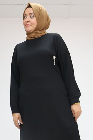 F-57028 Büyük Beden Süs Cep Detaylı Bürümcük Pantolonlu  Takım - Siyah