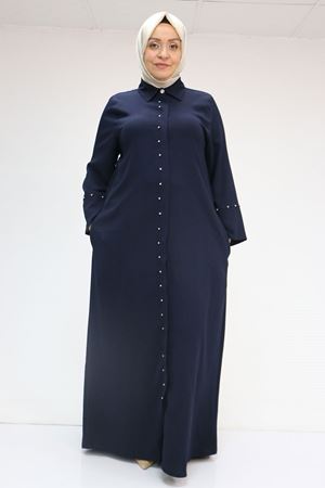 56012 Büyük Beden Kol Garnili Etamin Abaya Ferace - Lacivert