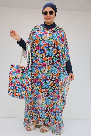 1719 Büyük Beden Pareo - Karışık Desen Mavi