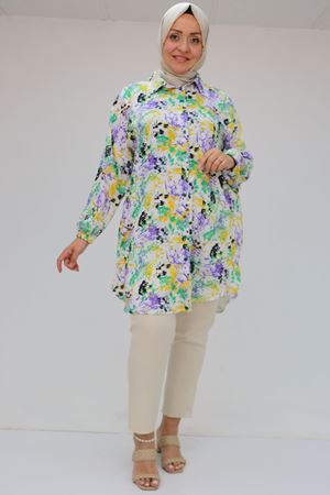 58052 Büyük Beden Erkek Yakalı Jesica Gömlek Tunik - Ebruli Yağyeşili