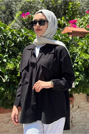 25Y7002 - SİYAH - BASİC CEP DETAYLI GÖMLEK