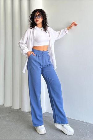 25Y7360 - İNDİGO - PALLAZZO KETEN PANTOLON