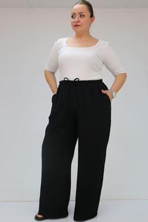 59021 Büyük Beden Beli Lastikli Müslin Bol Paça Pantolon - Siyah