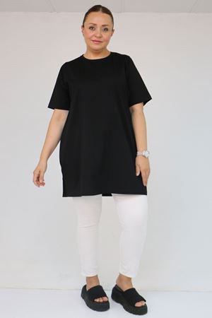 58505 Büyük Beden Yakası Ribanalı Suprem Tişört - Siyah