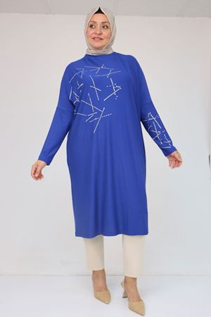 58080 Büyük Beden Düşük Kol Taş Detaylı Penye Tunik - İndigo