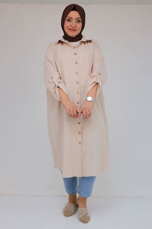 48058 Büyük Beden Düğmeli Müslin Gömlek - Bej