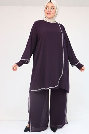 47064 Büyük Beden Taş Baskı Detaylı Sandy Şifon Pantolonlu Takım - Mürdüm