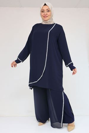 47064 Büyük Beden Taş Baskı Detaylı Sandy Şifon Pantolonlu Takım - Lacivert
