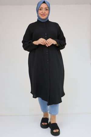 58092 Büyük Beden Çift Düğme Detaylı Müslin Gömlek - Siyah