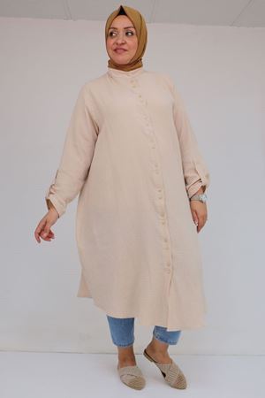 58092 Büyük Beden Çift Düğme Detaylı Müslin Gömlek - Bej