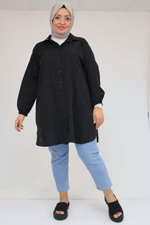 58091 Büyük Beden Kolları Lastikli Müslin Gömlek - Siyah