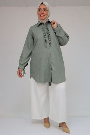 58075 Büyük Beden Önü Fırfır Detaylı Erkek Yaka Gömlek - Nefti Kırçıllı