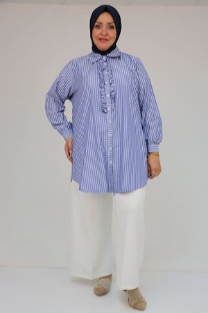 58075-1 Büyük Beden Önü Fırfır Detaylı Erkek Yaka Poplin Gömlek - Çizgili Lacivert