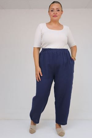 59022 Büyük Beden Paçası Yarım Lastikli Müslin Pantolon - Lacivert