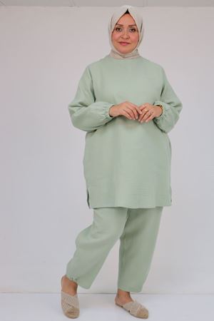 57048 Büyük Beden Kolları Lastikli Müslin Pantolonlu Takım - Nefti