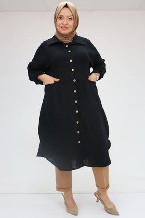 58071-1 Büyük Beden Önleri Torba Cepli Müslin Gömlek - Siyah