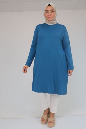 38501 Büyük Beden Basic Penye Tunik -Petrol