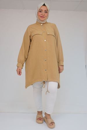 53013 Büyük Beden Dik Yakalı Manşetli Keten Kap - Hardal