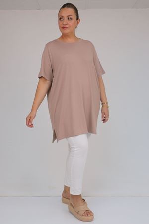 58507 Büyük Beden Yakası Biyeli Penye Tişört - Bej