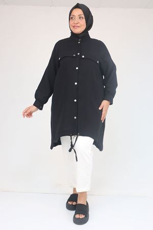 53013 Büyük Beden Dik Yakalı Manşetli Keten Kap - Siyah