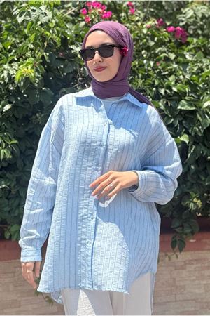 25Y7038 - MAVİ - TAŞLI ÇİZGİLİ EFİL GÖMLEK