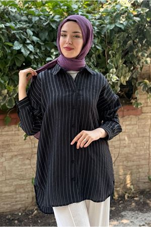 25Y7038 - SİYAH - TAŞLI ÇİZGİLİ EFİL GÖMLEK