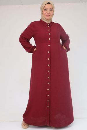 F-52024 Büyük Beden Desenli Keten Erkek Yakalı Elbise - Bordo