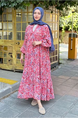 25Y7485 - KIRMIZI - DESENLİ ELBİSE 