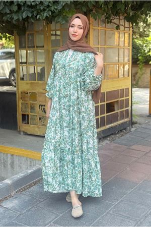 25Y7485 - YEŞİL ÇİCEKLİ - DESENLİ ELBİSE