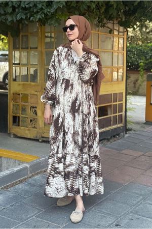 25Y7485 - KAHVE - DESENLİ ELBİSE