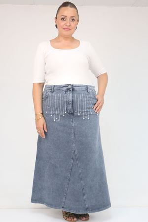 45010 Büyük Beden Parçalı Model Kot Etek - Kar Yıkama Mavi