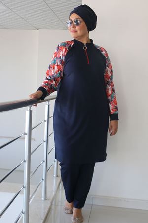 1732 Büyük Beden Balıkçı Yaka Fermuarlı Mayo - Yaprak Desen Oranj