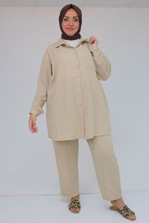 57049 Büyük Beden Erkek Yakalı Pantolonlu Takım - Bej