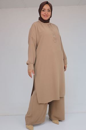 57029 Büyük Beden Yarım Patlı Yırtmaçlı Pantolonlu Takım - Vizon