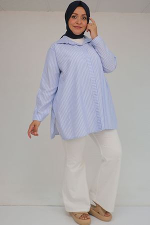 F-58099 Büyük Beden Erkek Yaka Düğmeli Tunik - Çizgili Mavi