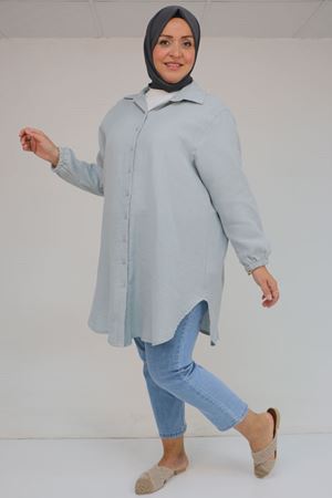58091 Büyük Beden Kolları Lastikli Müslin Gömlek - Gri